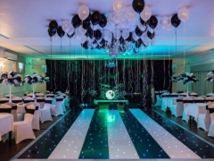 black and white room decor with band