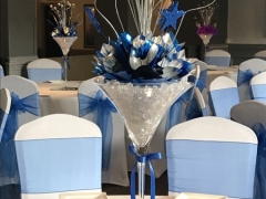 martini vase blue and purple centrepiece